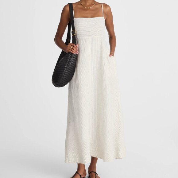 NWT! MADEWELL Striped Empire-Waist Midi Dress in 100% Linen Size Small - Picture 1 of 9